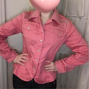 BEDAZZLED BABY PINK BARBIE BUTTON UP COLLAR JACKET VINTAGE 🎀💎